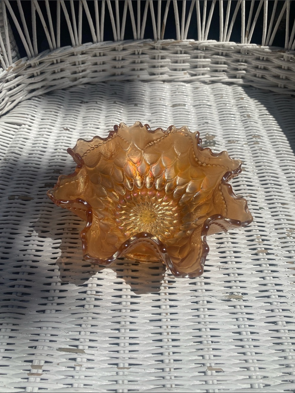 Vintage Amber/Marigold Ruffled Glass Decorative Bowl